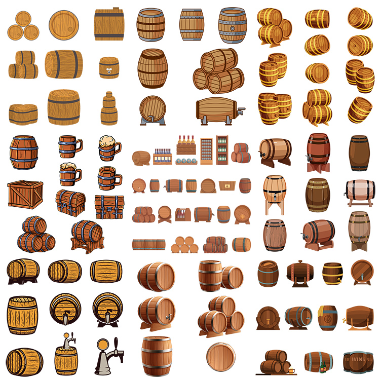 橡木酒桶插画 卡通手绘储酒容器酒杯酒柜图案 AI格式矢量设计素材