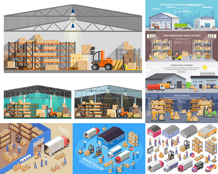 物流仓储插画 快递仓库货架货物配送运输 ai矢量矢量设计素材