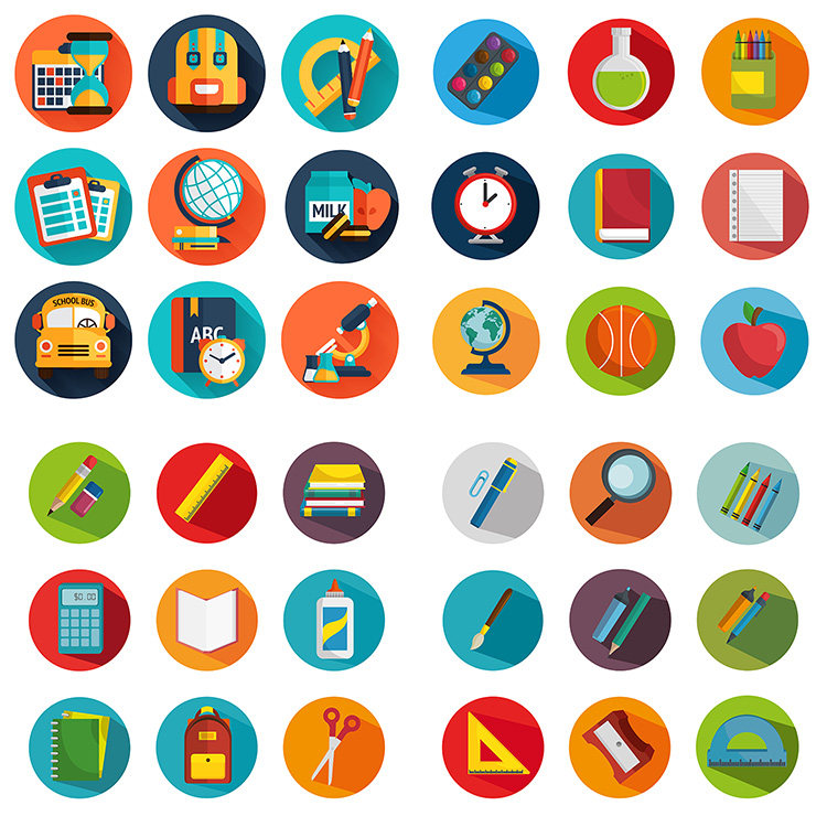 学习教育元素图标 卡通圆形学生用品文具图案 ai格式矢量设计素材