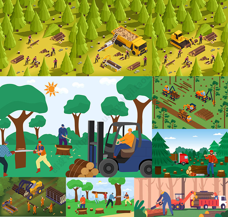 扁平化伐木插画 卡通砍伐林木锯树运输木材 ai格式矢量设计素材