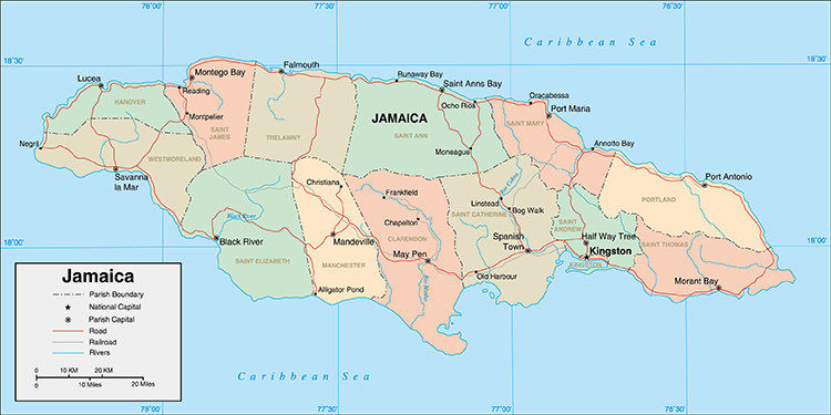 牙买加地图ai矢量素材 英文版国家分区地图 非实物地图 设计素材