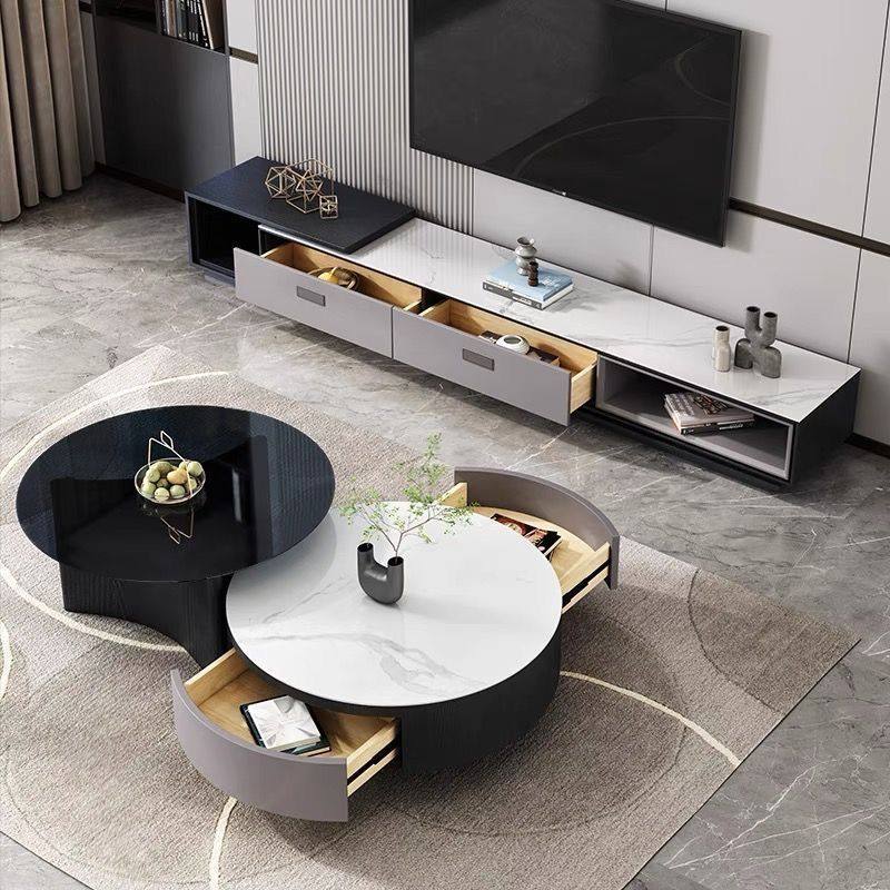 圆形简约现代岩板茶几电视柜组合新创意网红ins风轻奢旋转小户型