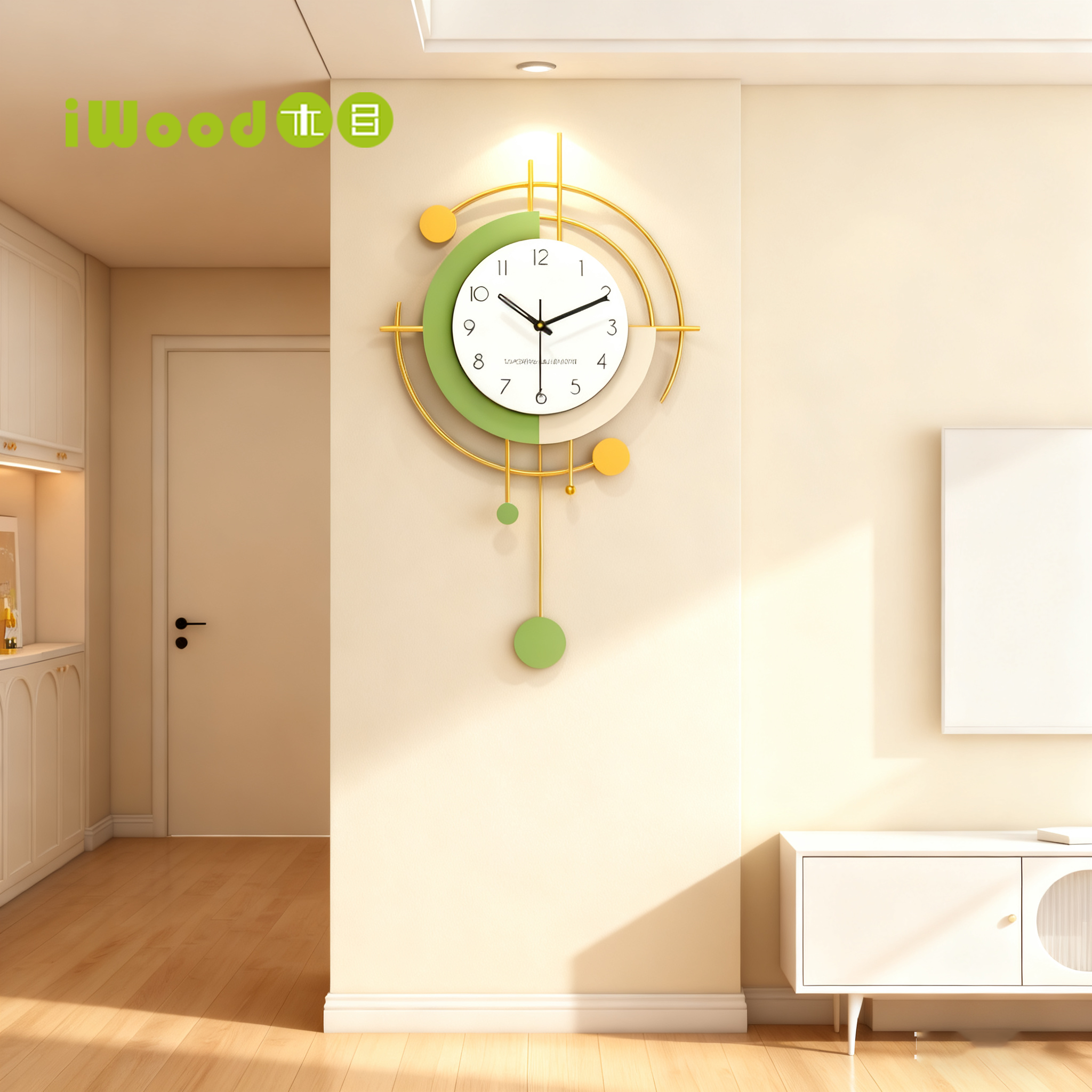 iwood木目 客厅挂钟大气家用 奶油风创意现代简约装饰免打孔静音g