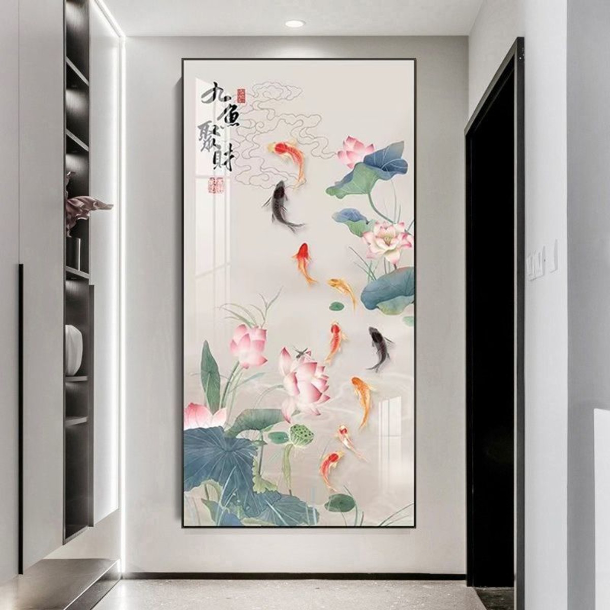 入户门装饰画荷花聚财壁画玄关走廊九鱼正对中式挂画入户过竖版道