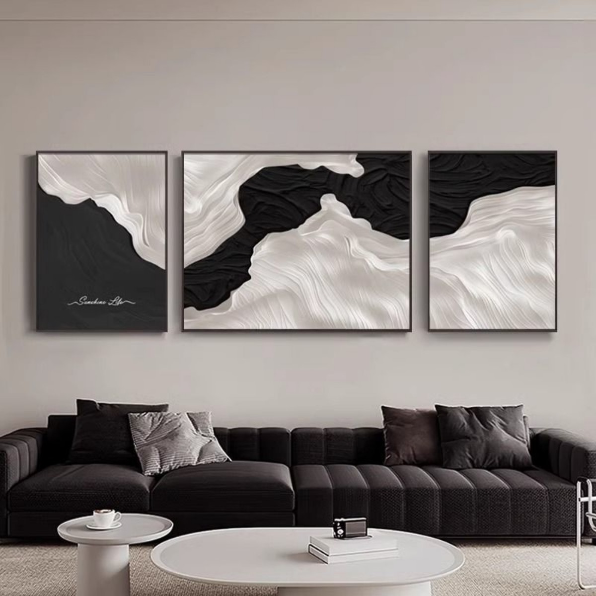 高级感极简客厅装饰画黑白抽象沙发背景墙壁画侘寂风几何三联挂画