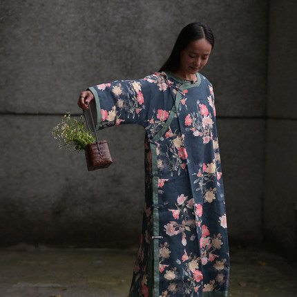 【婉婉】中式宽袖盘扣全开襟双层麻袍 唐宋古典风茶服宽松连衣裙