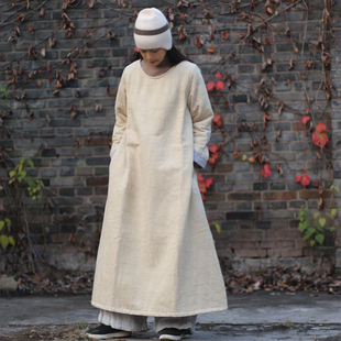 【墨香年华】提花夹棉袍子 民族风宽松长款棉衣秋冬连衣裙加厚a字