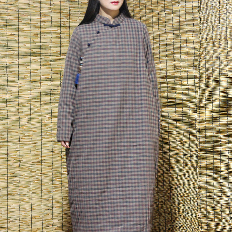 【岁月悠香】蓝咖色织格子夹棉袍长棉衣冬裙复古中式宽松旗袍茶服