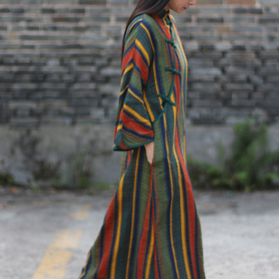 漫霞流莹 大袖 中式 短袖 旗袍棉麻连衣裙夏 大A型彩色条纹长袍子