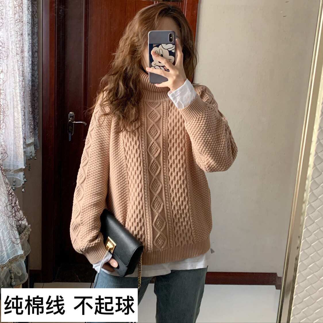 慵懒韩国扭花翻领纯棉线套头毛衣