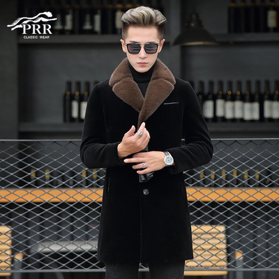 水貂领羊驼绒皮毛一体男中长款海宁皮草羊剪绒裘皮大衣羽绒服外套