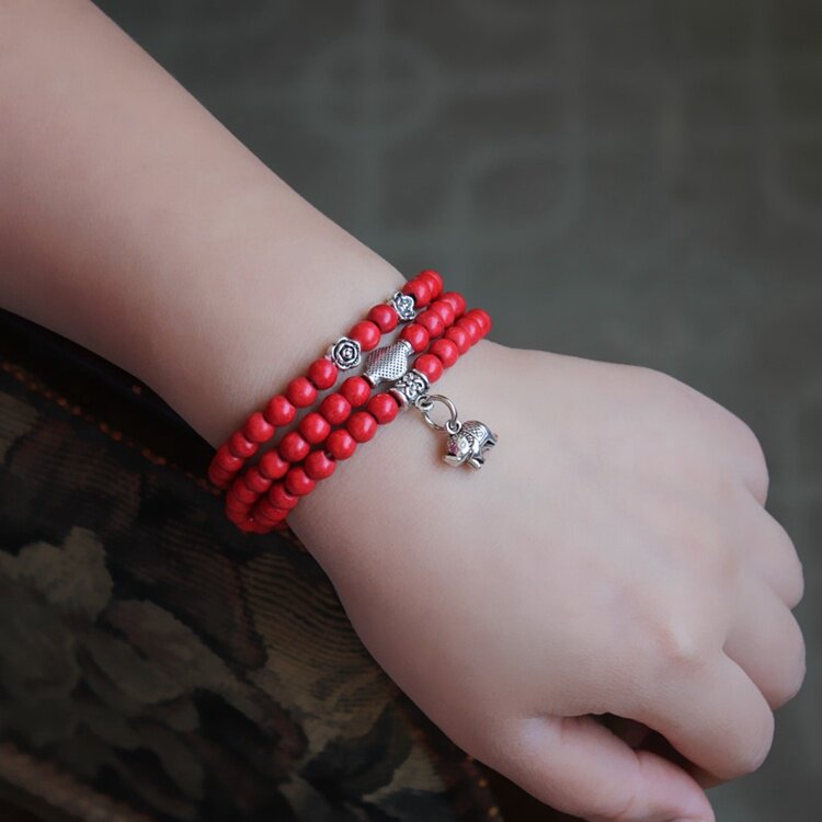 西藏云南民族风配饰饰品配饰 藏银小象转运红松石多层女手链sl190