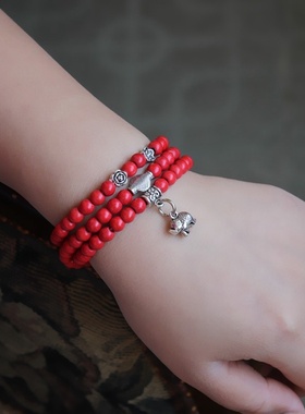 西藏云南民族风配饰饰品配饰 藏银小象转运红松石多层女手链SL190