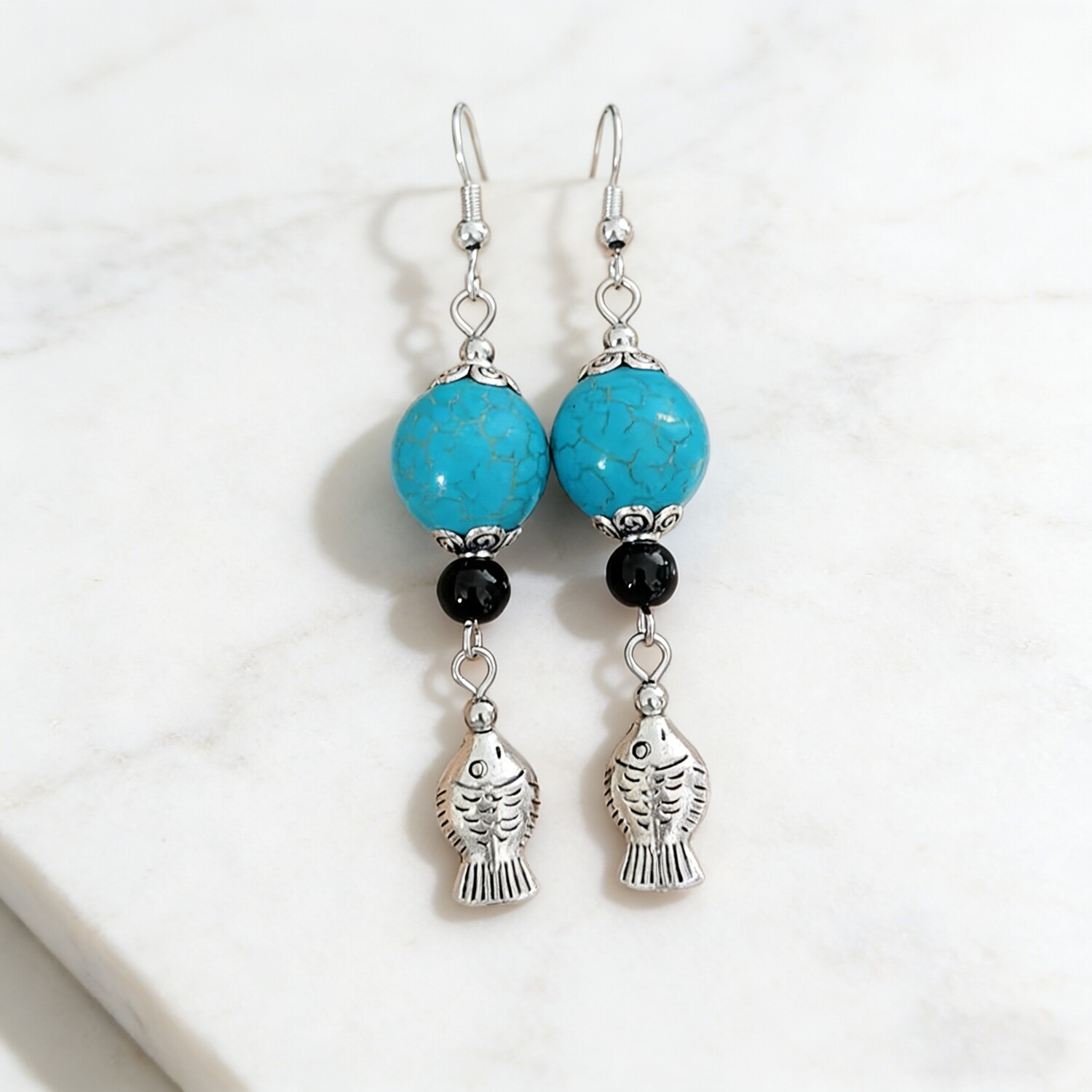 民族风绿松石耳坠复古小鱼藏银耳环文艺气质耳饰小众设计感优雅女