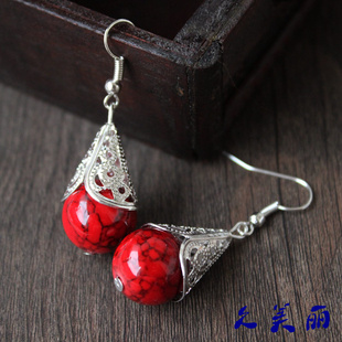 云南民族风首饰厂家直销配饰混批耳坠尼泊尔装饰藏银大珠耳钉R073