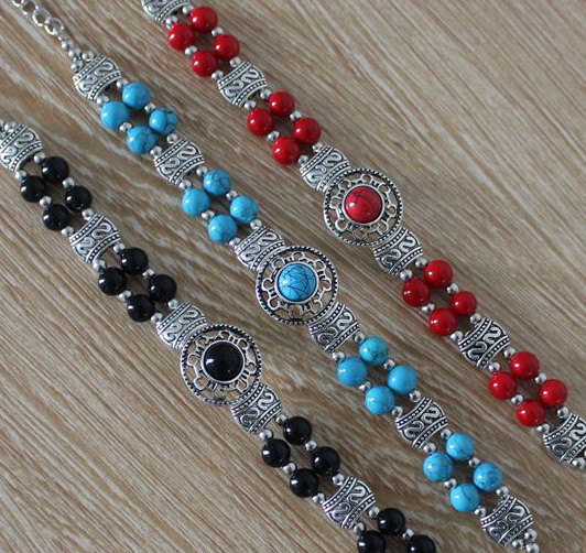 云南民族风红松石藏银饰品藏式百搭DIY手工女苗银双排手链QSL171