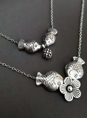 民族风简约藏银接吻鱼花朵锁骨链