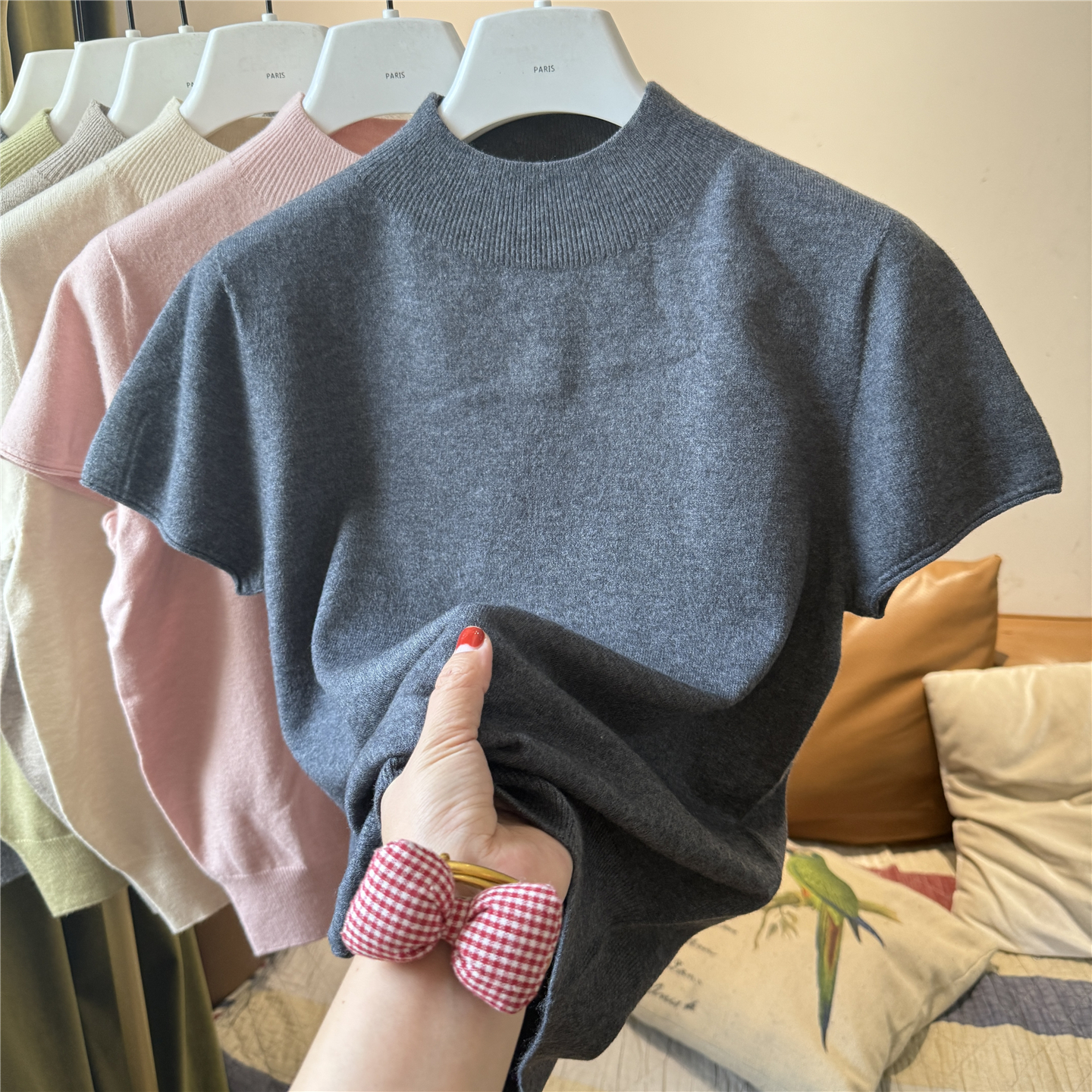 一体成衣柔软羊毛半高领小飞袖针织衫女韩版套头纯色套头短袖上衣