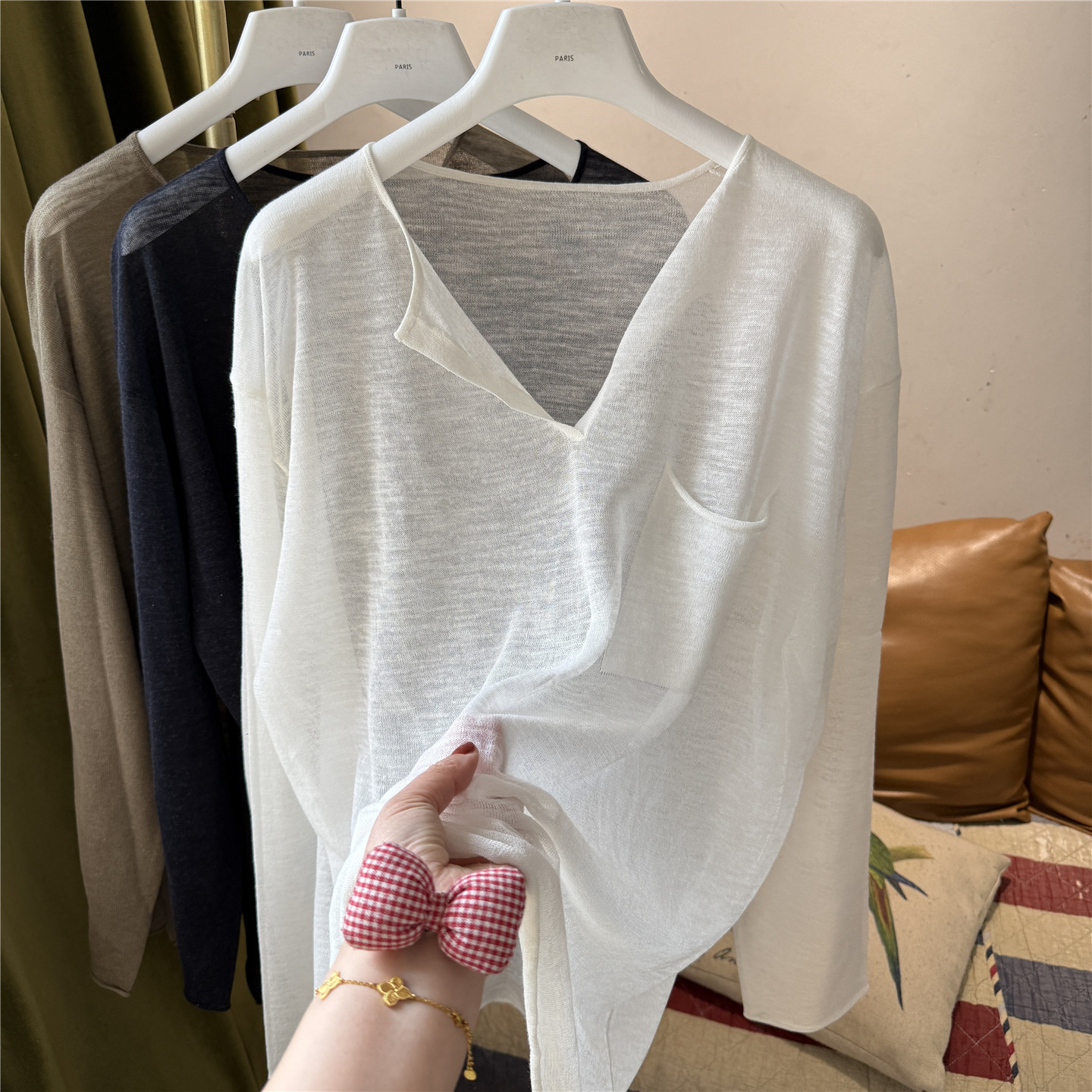 亚麻口袋V领针织开衫女长袖温柔慵懒风百搭宽松休闲防晒罩衫上衣