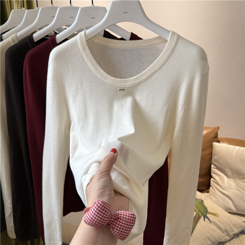 2025新款羊毛圆领长袖针织衫女宽松显瘦百搭打底毛衣上衣纯色简约