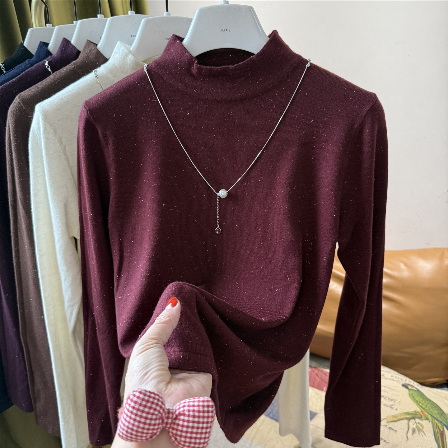 柔软半高领链条针织衫女长袖外穿上衣圆弧下摆纯色百搭简约纯色