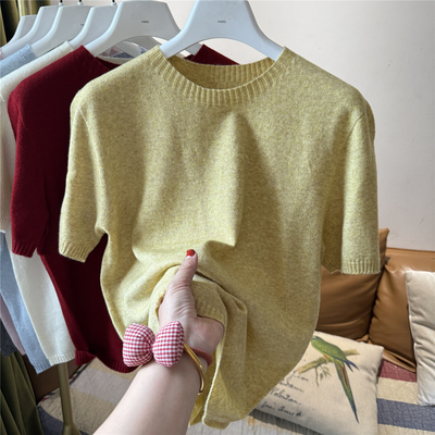 羊毛柔软一体成衣无缝圆领短袖针织衫女宽松显瘦百搭打底毛衣纯色