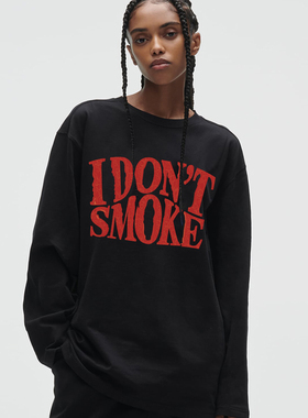 IDONTSMOKE拒绝吸烟标语国潮牌红色金线印花宽松长袖潮流圆领T恤