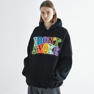 IDONTSMOKE设计师国潮牌拒绝吸烟标语荧光灯卫衣五彩灯光男女帽衫