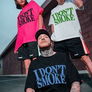 IDONTSMOKE拒绝吸烟美式大LOGO标语印花宽松短袖T恤潮流情侣男