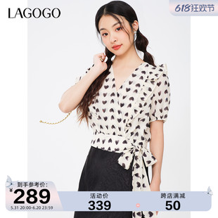 新款 Lagogo拉谷谷设计感雪纺上衣女2024年夏季 荷叶边v领修身 短袖