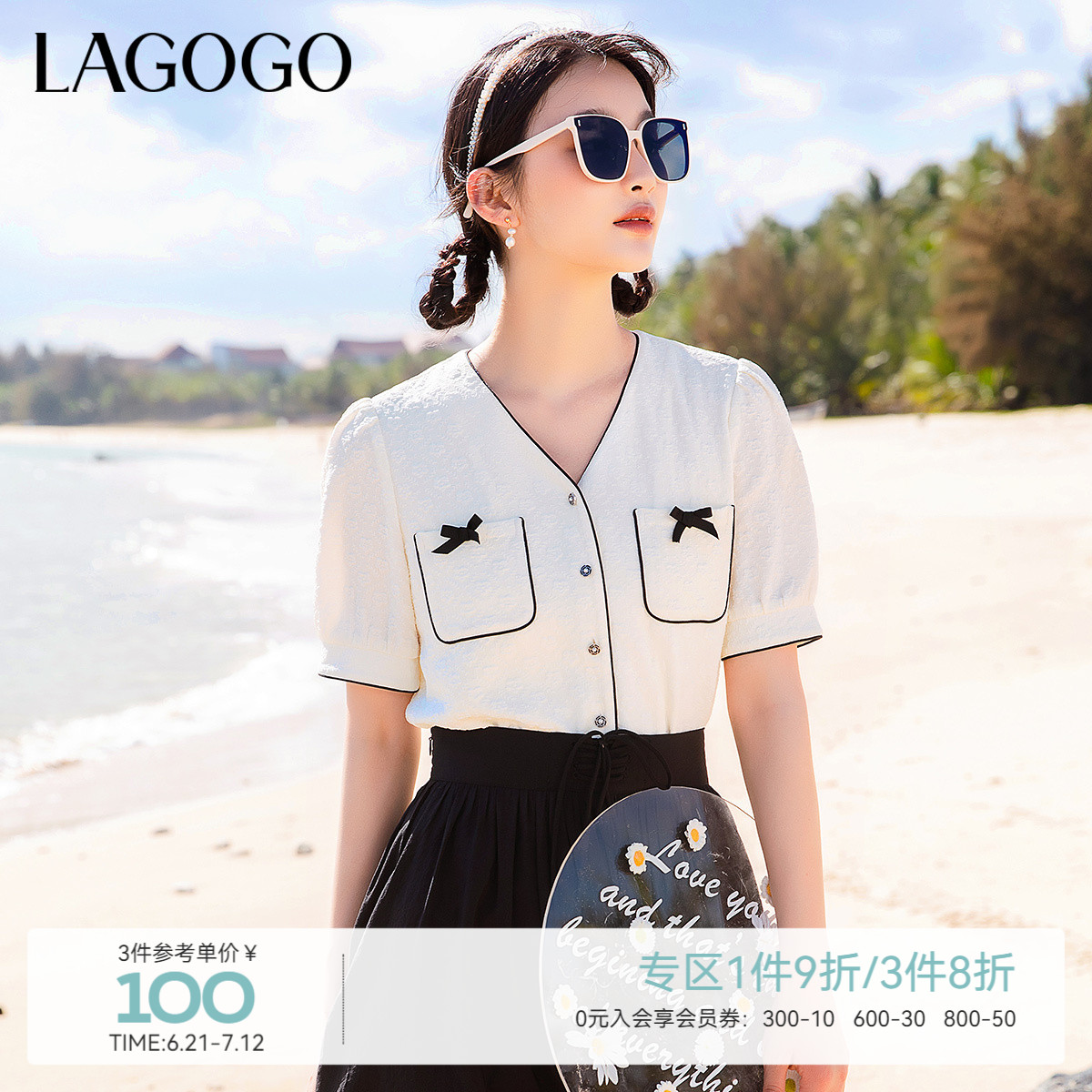 LAGOGO法式小香风短袖衬衫女拉谷谷夏季新款设计感小众蝴蝶结T