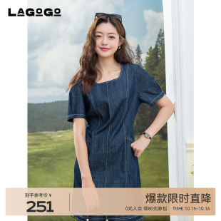 牛仔裙子 短袖 LAGOGO方领简约显瘦气质连衣裙女拉谷谷2025夏季 新款