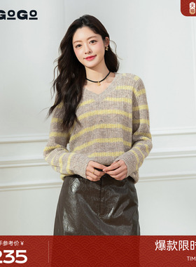LAGOGO含羊毛V领条纹针织衫女拉谷谷2025冬季新款毛衣OCMM42XA12