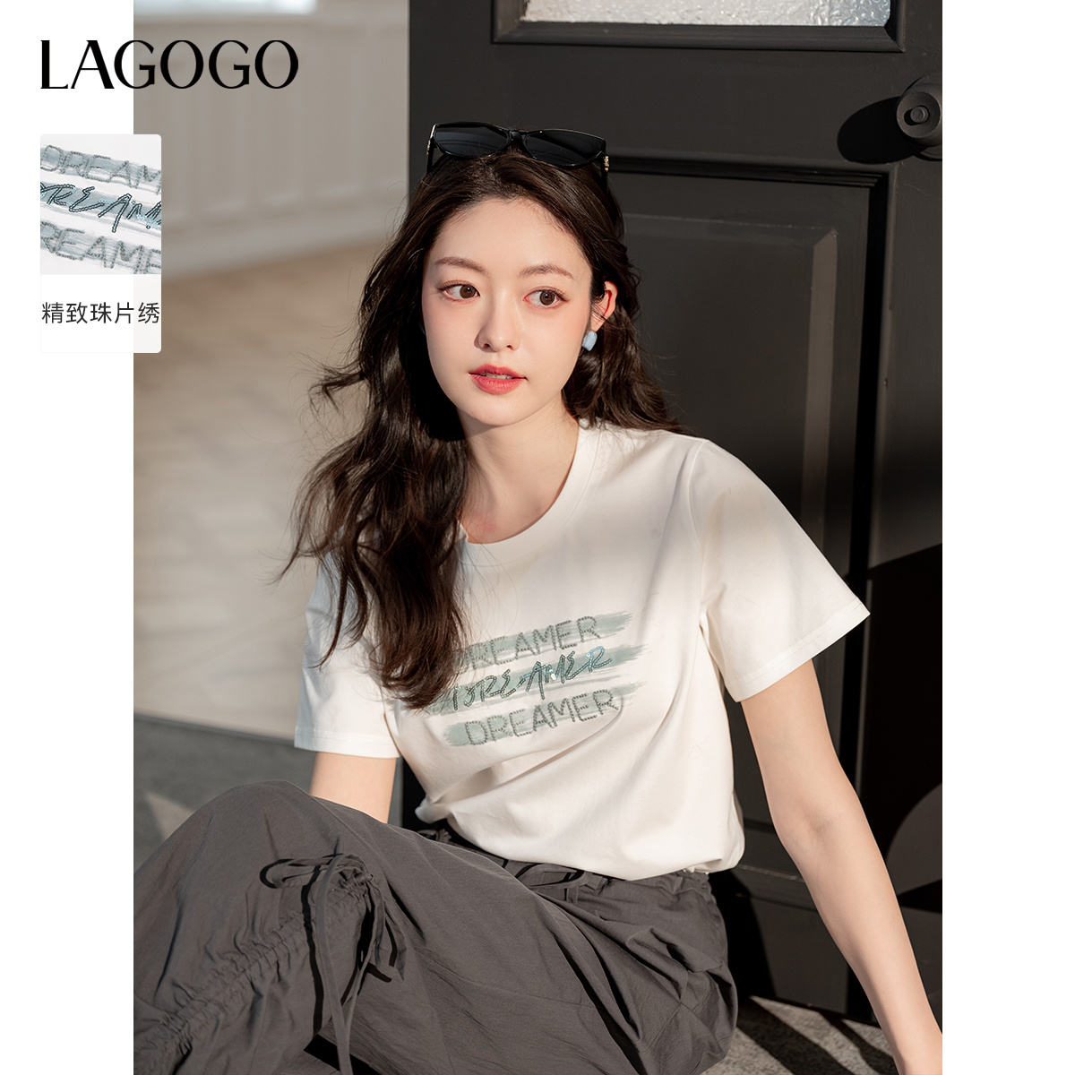 LAGOGO白色重工印花T恤女拉谷谷2025春夏季新款圆领亮片短