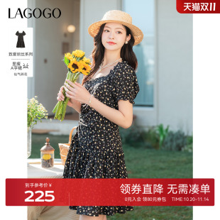 方领气质碎花裙 新款 LAGOGO黑色高级感法式 连衣裙女拉谷谷2025夏季