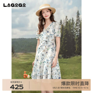 LAGOGO全棉印花系带连衣裙女拉谷谷2025年夏季 显瘦通勤a字裙 新款