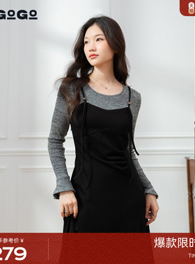 LAGOGO拼接设计感连衣裙女拉谷谷2025秋冬新款优雅裙子OCLL758C55