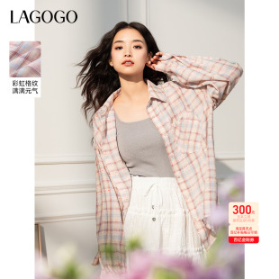 薄外套宽松上衣 新款 LAGOGO彩虹格子粉色衬衫 女拉谷谷2025年秋季