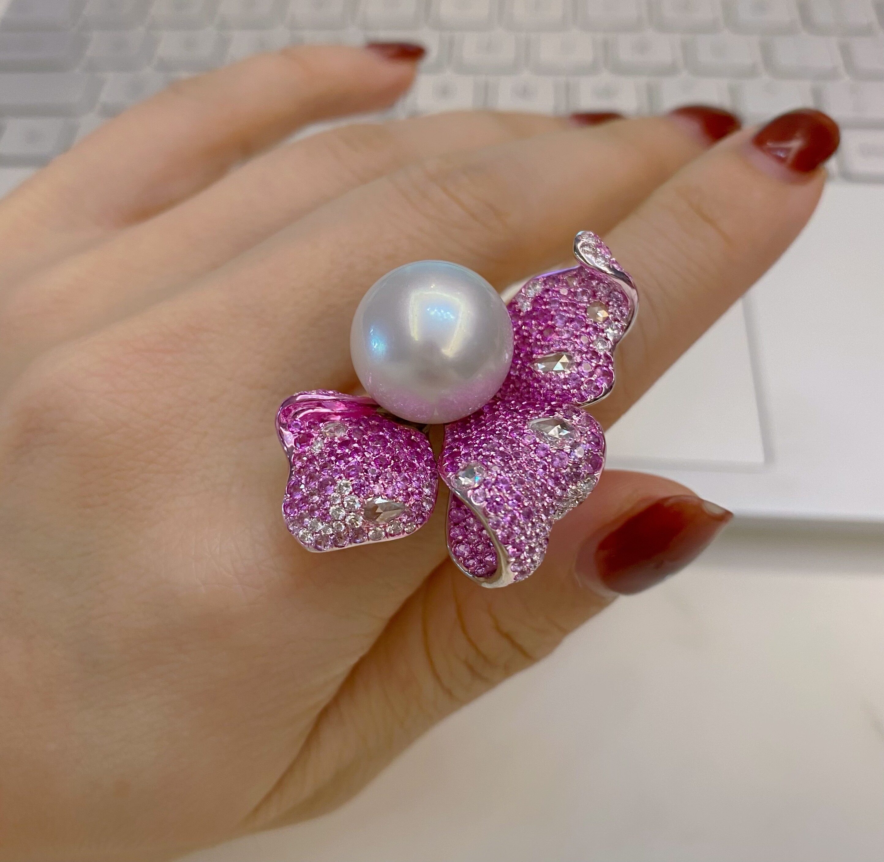 『玥翠』手工雕蜡 重工镶嵌 花朵设计 15mm正圆无瑕澳白珍珠戒指