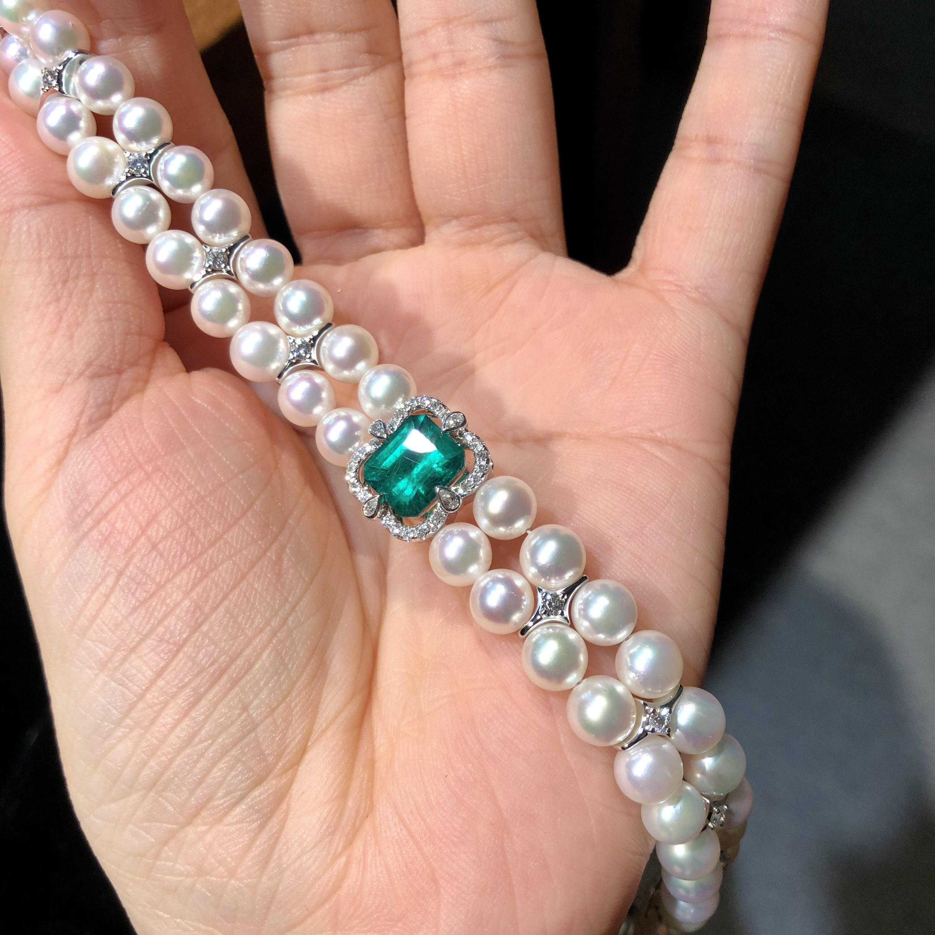 『sold』高级定制 3克拉哥伦比亚木佐祖母绿akoya珍珠钻石手链