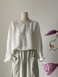 小众设计原创设计100%汉麻圆领宽松廓形衬衫 小个子简约休闲上衣