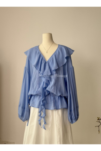 原创设计法式浪漫主义度假天丝亚麻花边小衫抽绳荷叶边V领衬衫