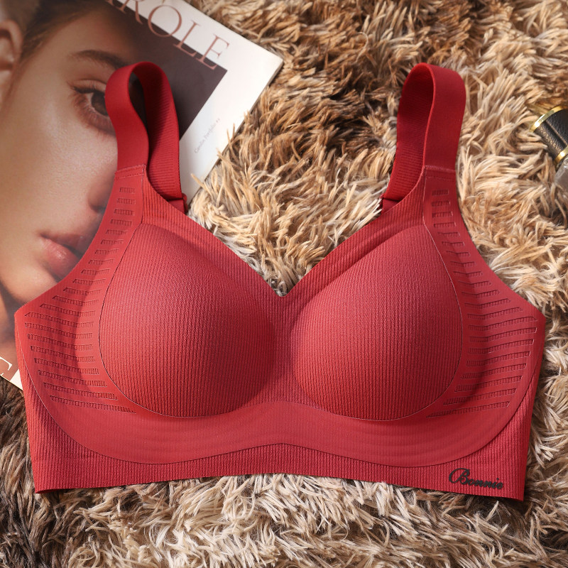 无痕运动95D全罩杯大码提拉内衣胖MM大胸显小波尔多红美背文胸罩