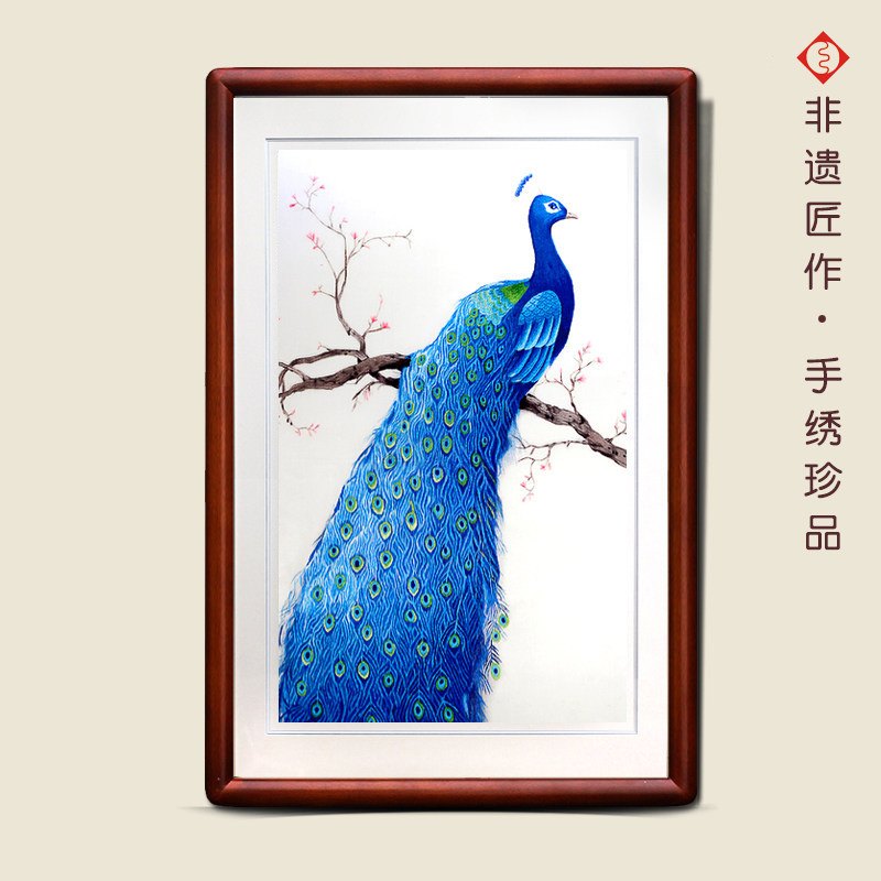 有福湘绣苏绣蜀绣新中式吉祥孔雀客厅玄关手工刺绣现代风水挂画