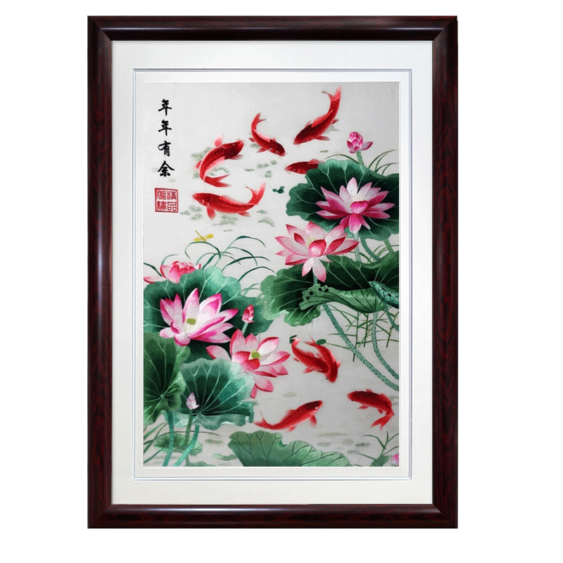 湘绣年年有余客厅装饰画手工