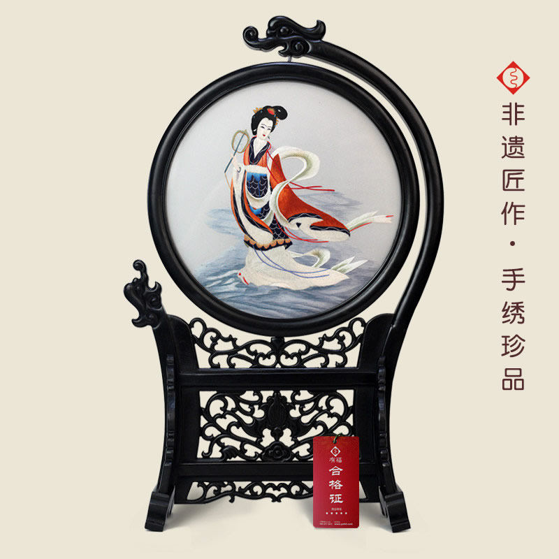 有福湘绣人物绣紫檀木龙凤架精品双面绣仕女图卧室摆件苏绣