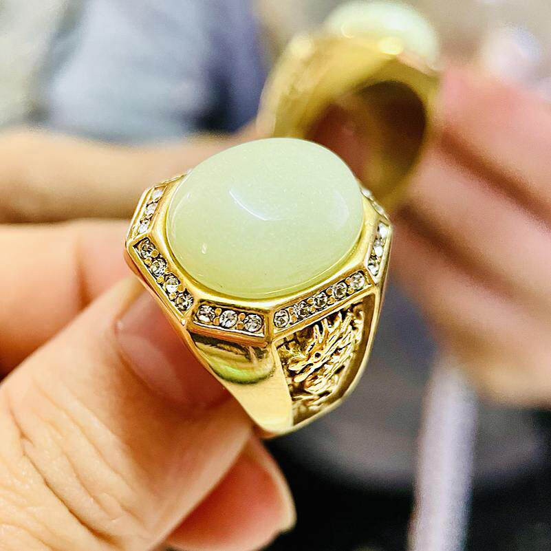 霸气夜光石男士钛钢玉石金色戒指复古宫廷宽戒指环闭口大气男饰品