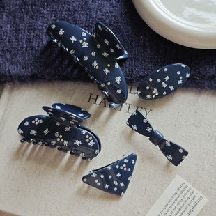 中古藏青！复古碎花发夹发卡质感醋酸抓夹发抓刘海夹韩系少女发饰