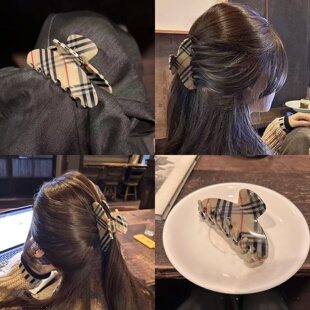 ins经典英伦格子鲨鱼夹慵懒后脑勺盘发抓夹巨显发量百搭发饰新款