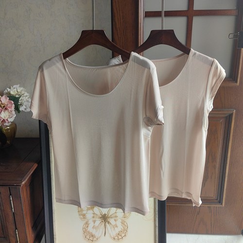 日单真丝线缝制纯真丝桑蚕丝无缝女士打底圆领短袖薄款防汗垫